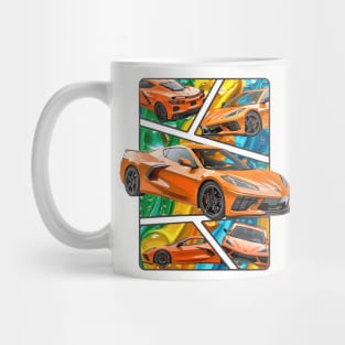 Multiple Angles of the Orange C8 Corvette Presented In A Bold Vibrant Panel Art Display Supercar Sports Car Racecar Amplify Orange Corvette C8 Mug